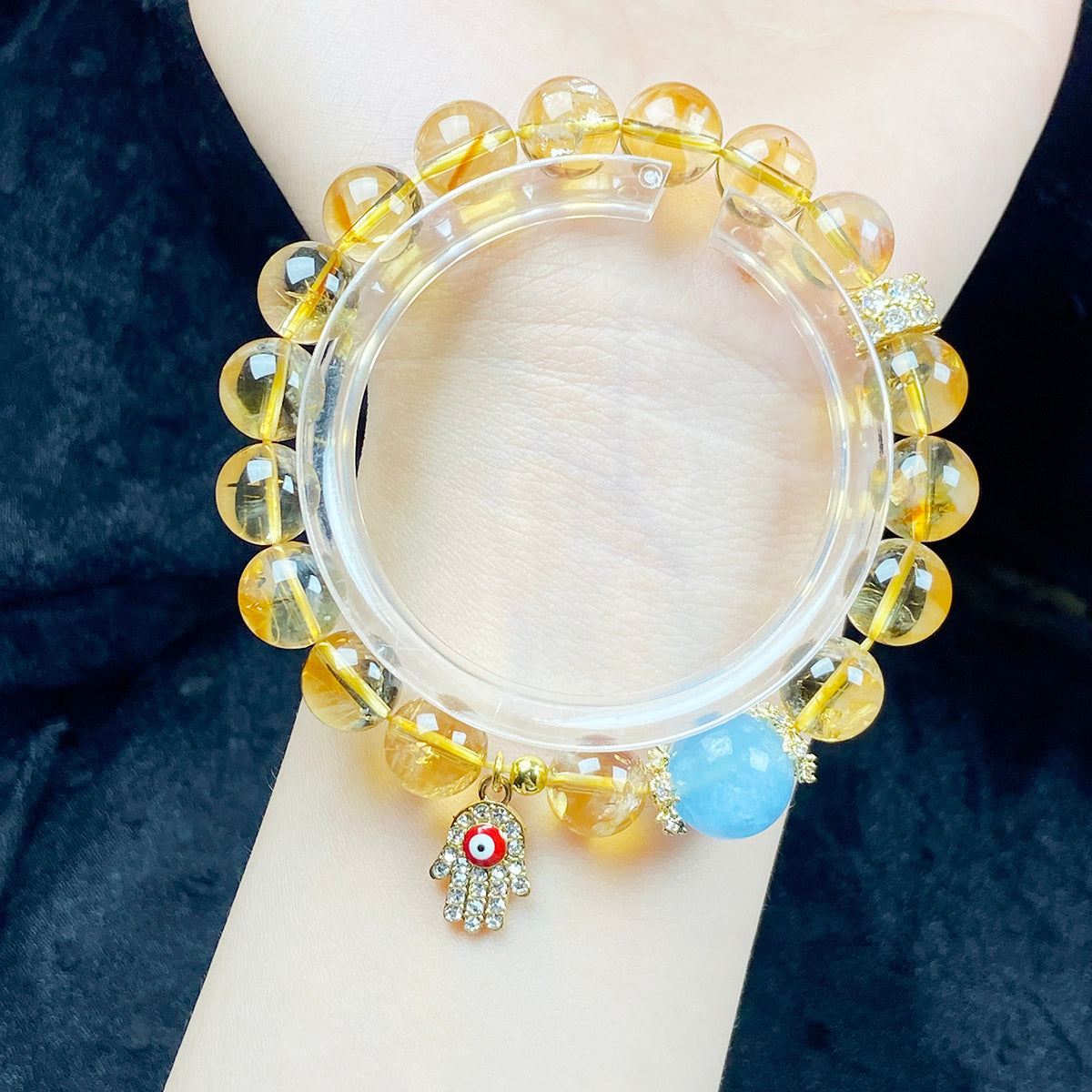 10mm Citrine Stone Wealth Bracelet Aquamarine Beads Evil Eye Pendant Energy Bangle Jewellry