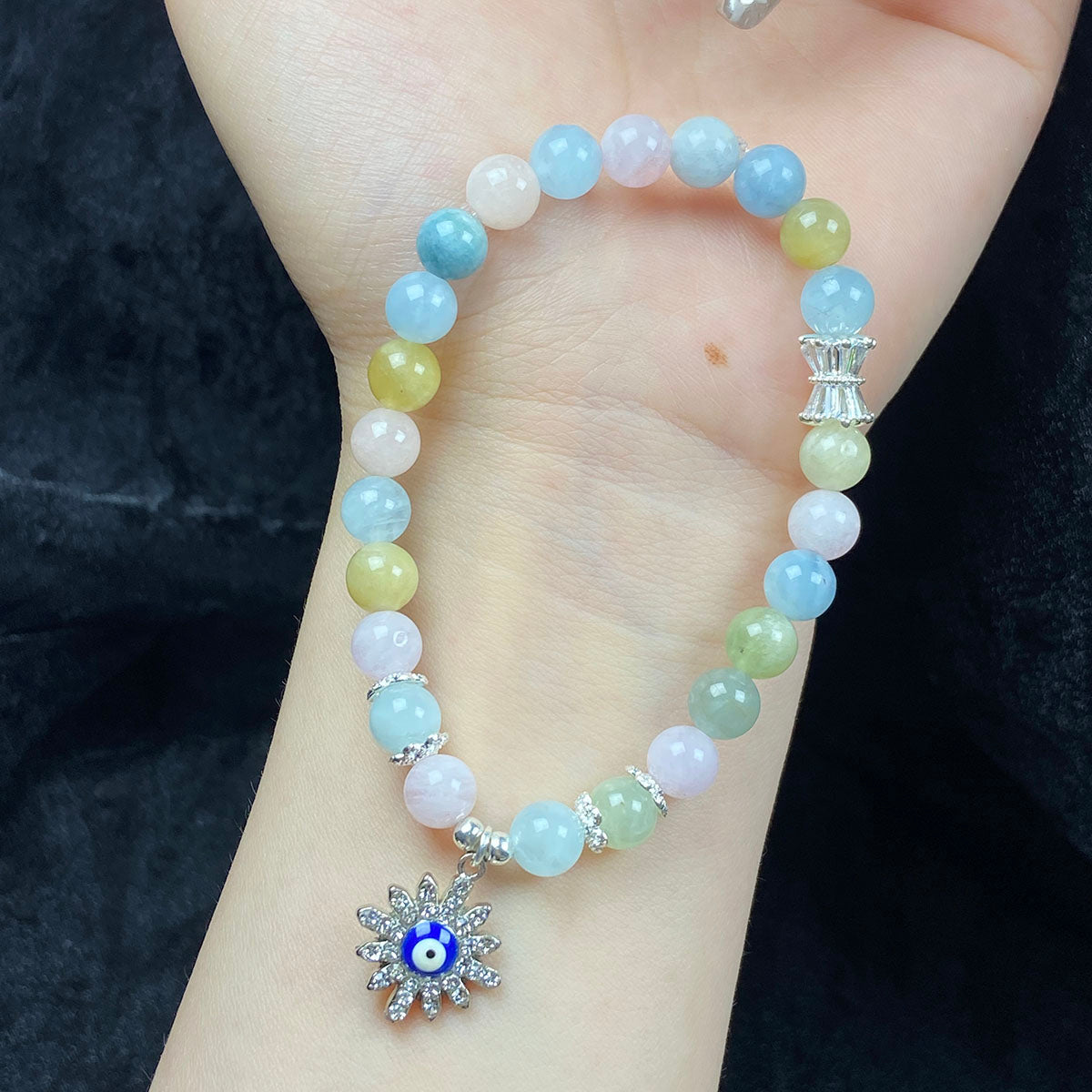 7MM Morganite Beads Bracelets Evil Eye Accessory Women Fashion Healing Jewelry