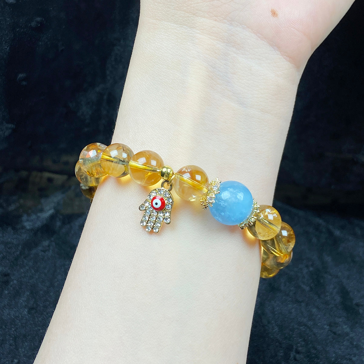 10mm Citrine Stone Wealth Bracelet Aquamarine Beads Evil Eye Pendant Energy Bangle Jewellry