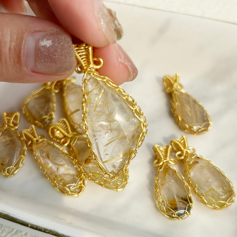 Natural Golden Rutilated Pendant Hand Knitting Necklace