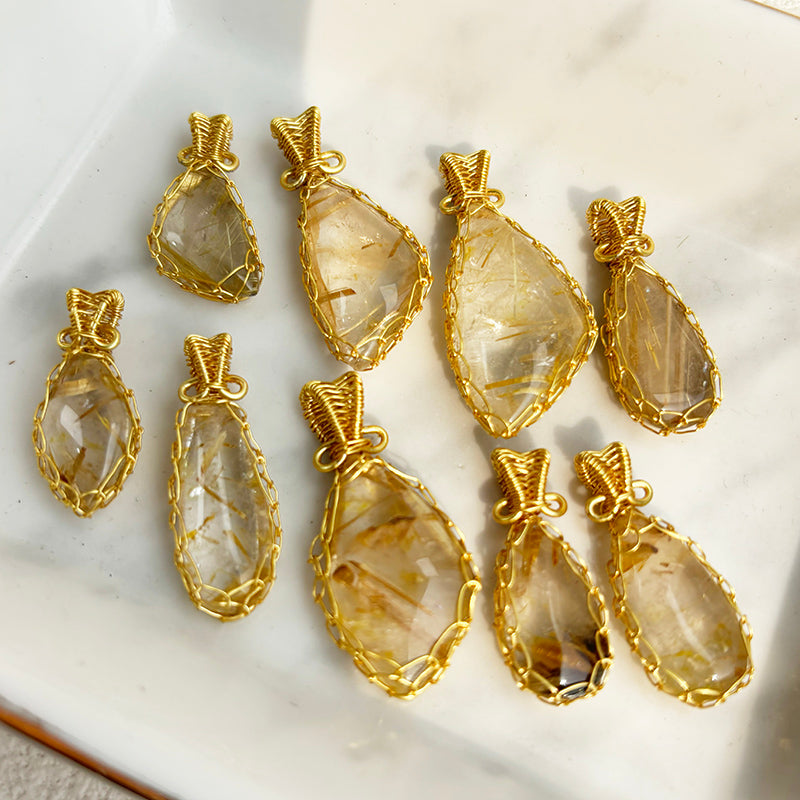 Natural Golden Rutilated Pendant Hand Knitting Necklace