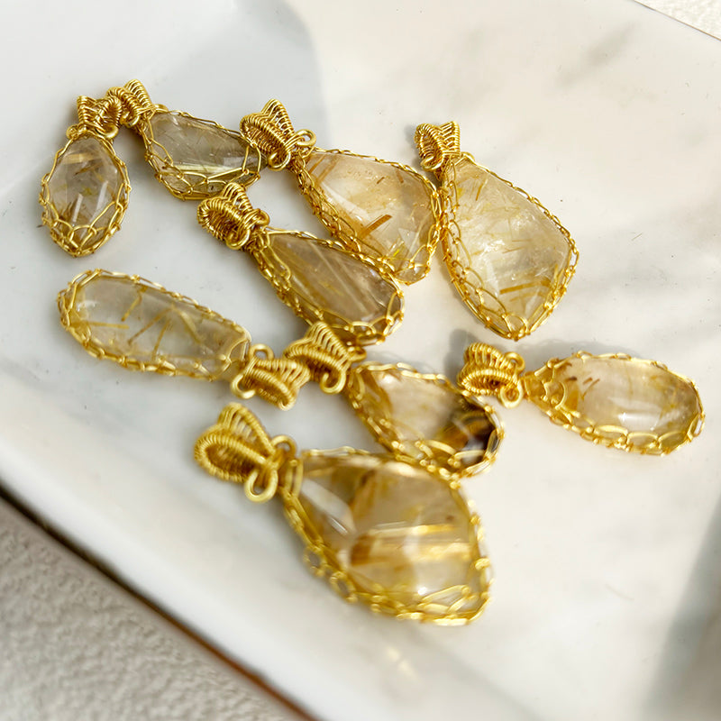 Natural Golden Rutilated Pendant Hand Knitting Necklace