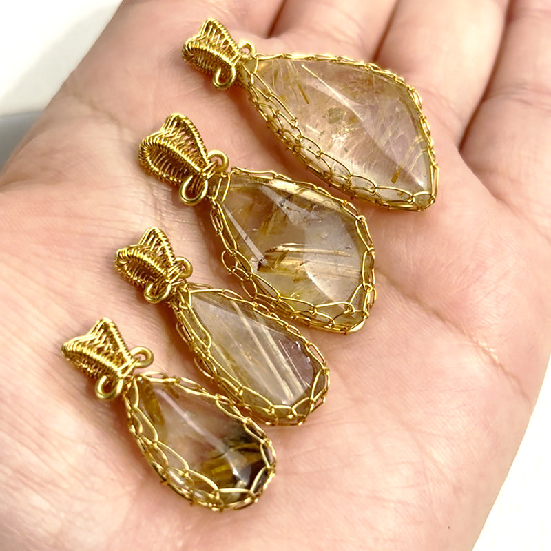 Natural Golden Rutilated Pendant Hand Knitting Necklace