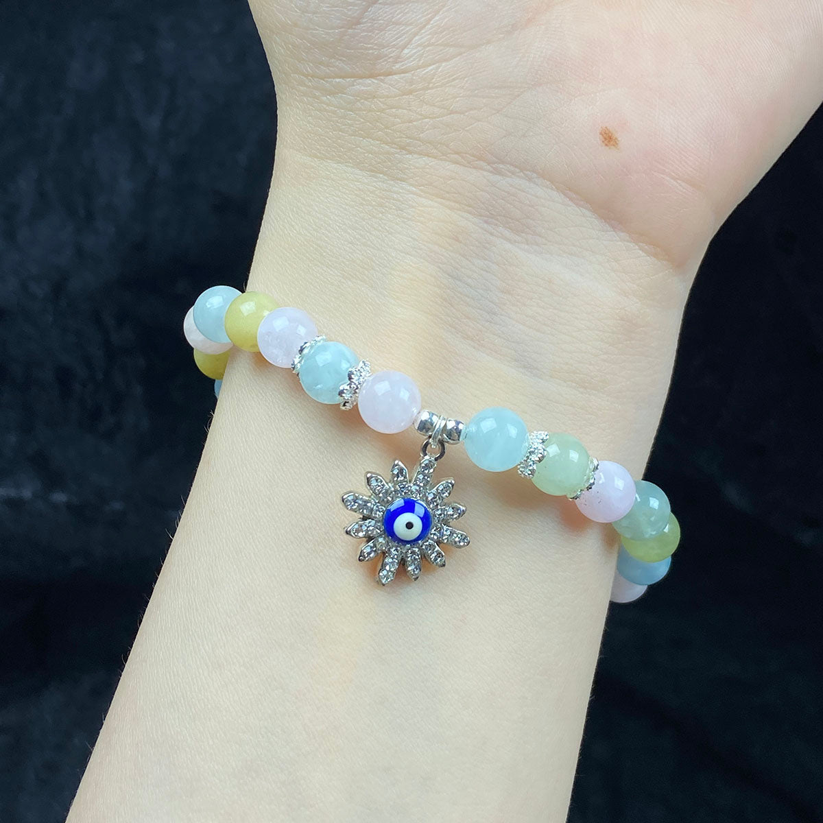 7MM Morganite Beads Bracelets Evil Eye Accessory Women Fashion Healing Jewelry