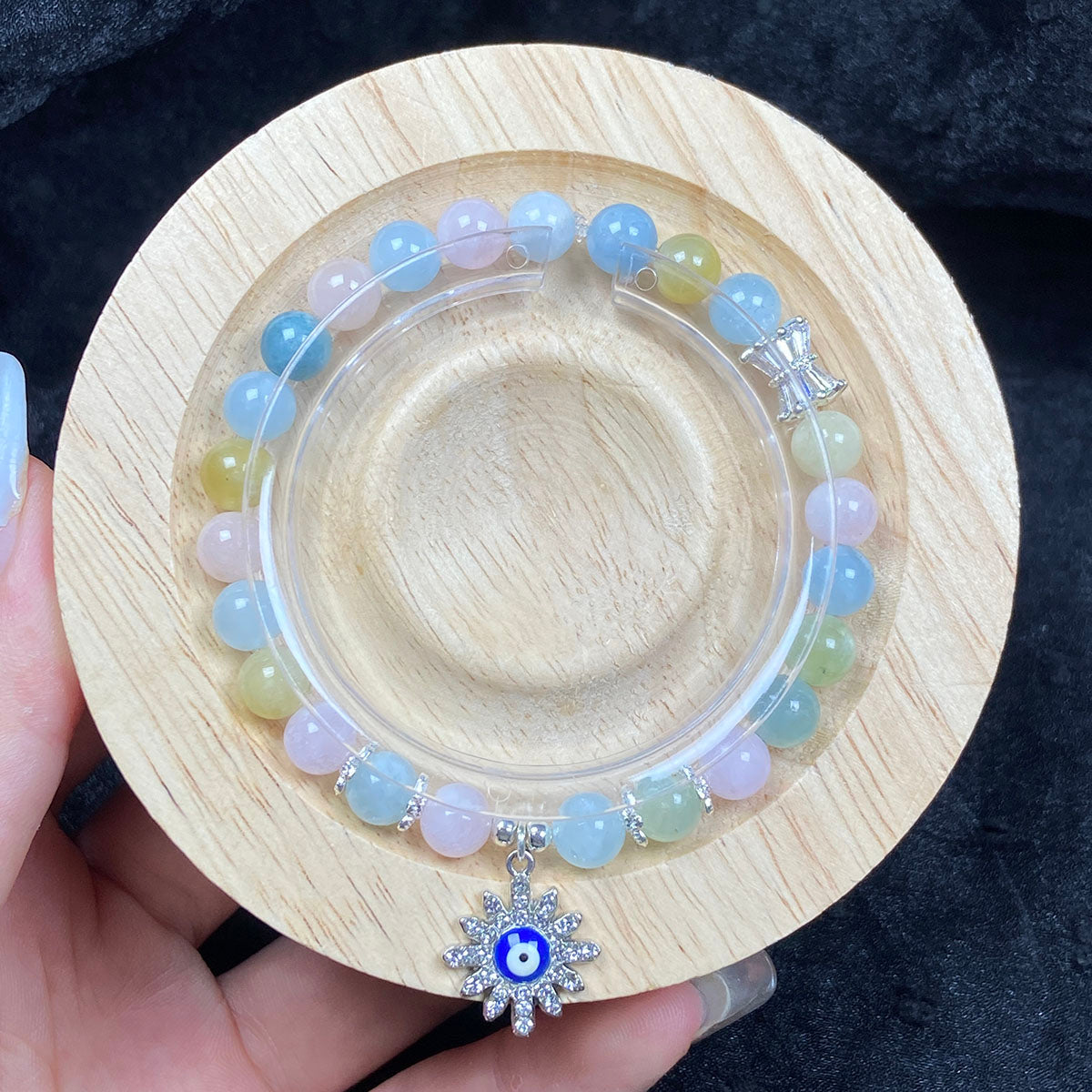 7MM Morganite Beads Bracelets Evil Eye Accessory Women Fashion Healing Jewelry