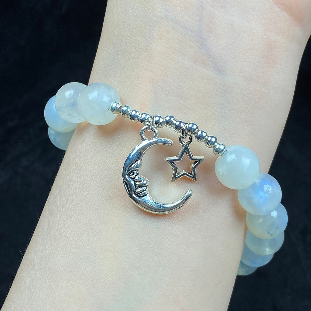 10MM Blue Light Moonstone Bracelet Stainless Steel Moon Star Pendant Accessories Jewelry