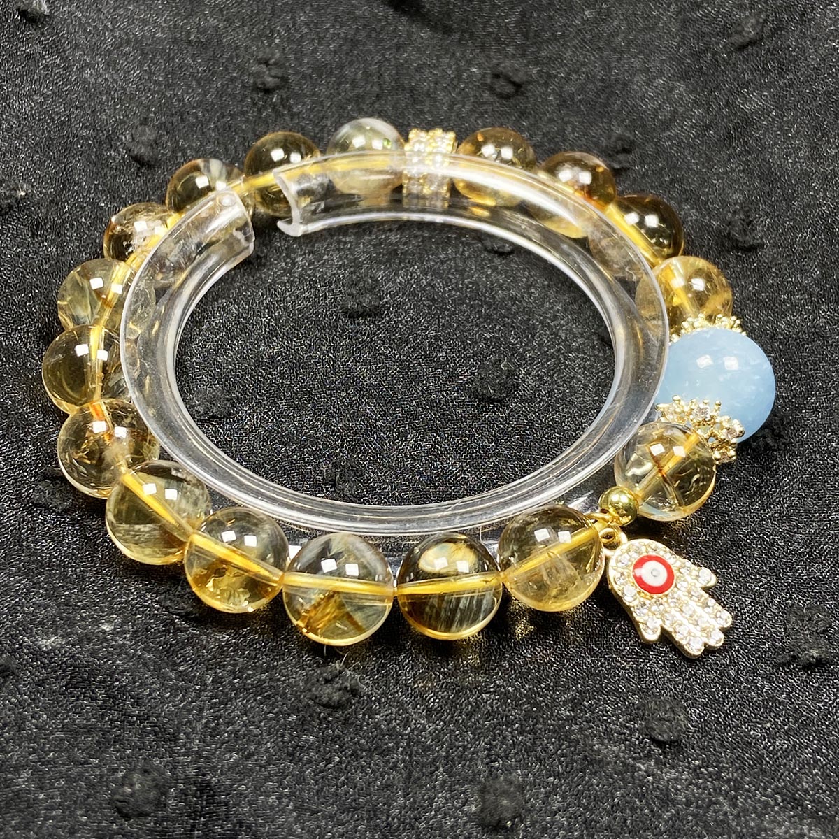10mm Citrine Stone Wealth Bracelet Aquamarine Beads Evil Eye Pendant Energy Bangle Jewellry