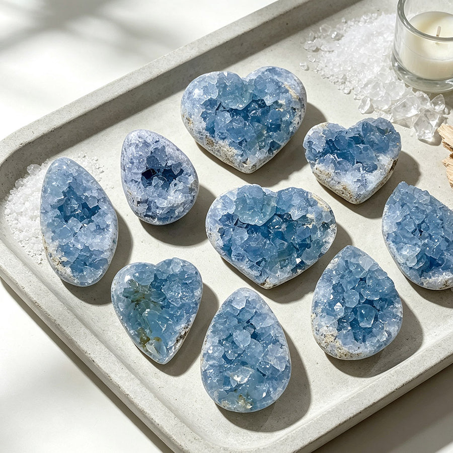 Natural Blue Celestite Geode Specimens - Heart / Drop / Egg Shapes