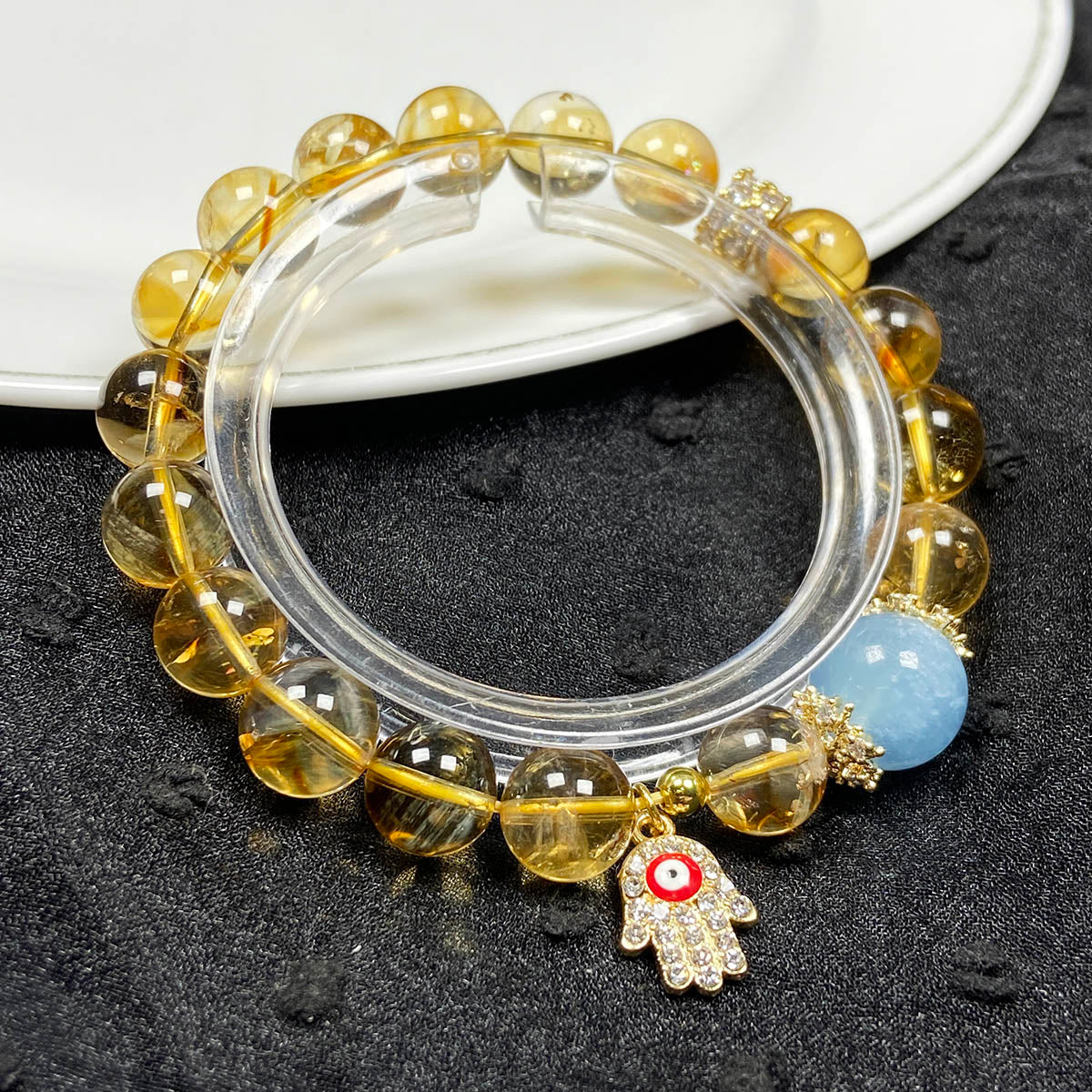 10mm Citrine Stone Wealth Bracelet Aquamarine Beads Evil Eye Pendant Energy Bangle Jewellry