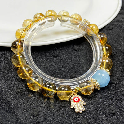 10mm Citrine Stone Wealth Bracelet Aquamarine Beads Evil Eye Pendant Energy Bangle Jewellry