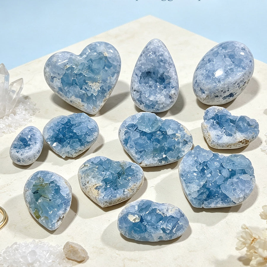 Natural Blue Celestite Geode Specimens - Heart / Drop / Egg Shapes