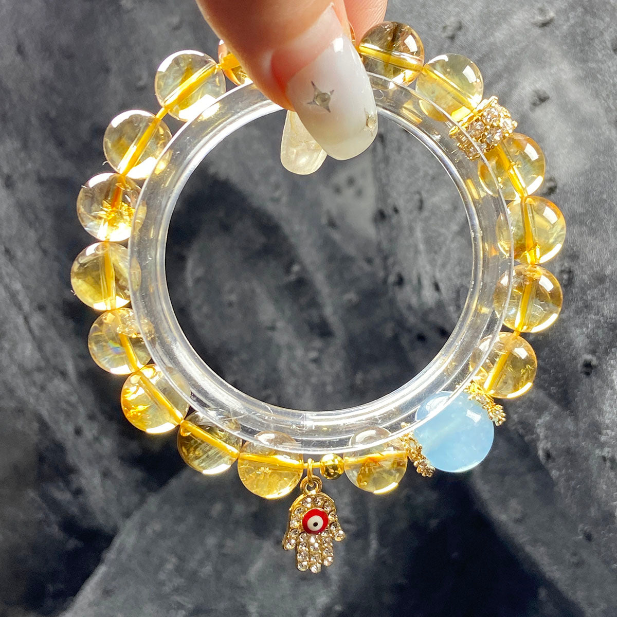 10mm Citrine Stone Wealth Bracelet Aquamarine Beads Evil Eye Pendant Energy Bangle Jewellry