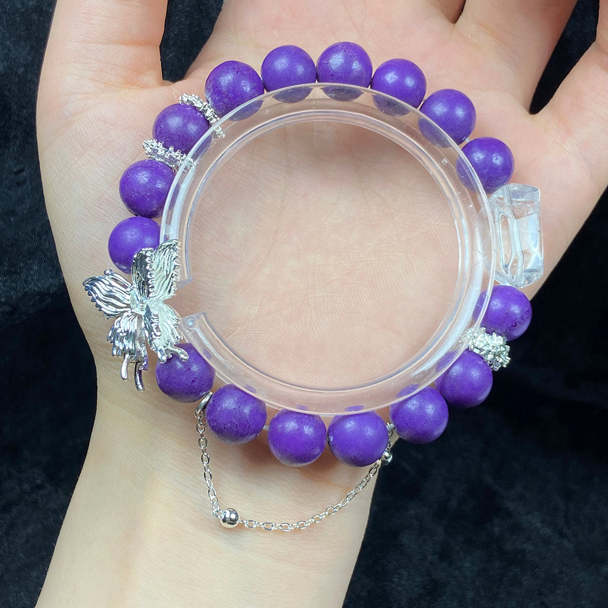 10MM Lepidolite Bracelet Stainless Steel Accessories Purple Gemstone Crystal Jewelry