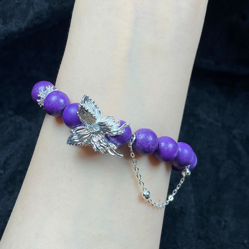 10MM Lepidolite Bracelet Stainless Steel Accessories Purple Gemstone Crystal Jewelry