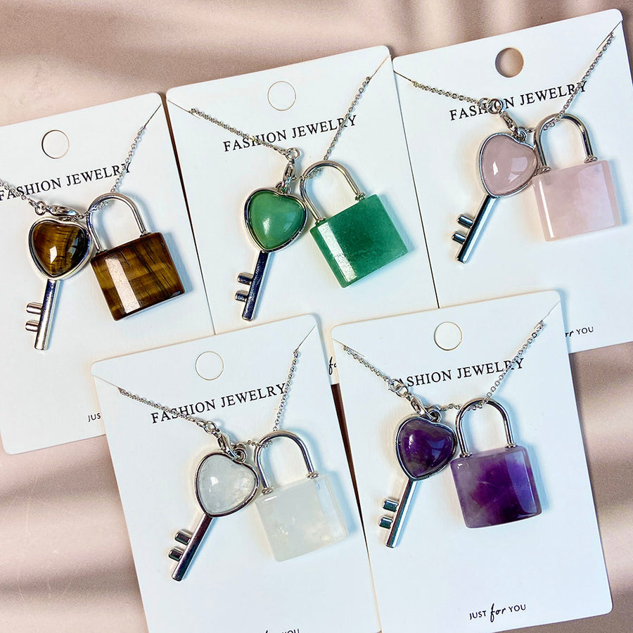 Crystal Couple Necklace Heart Key Lock Set