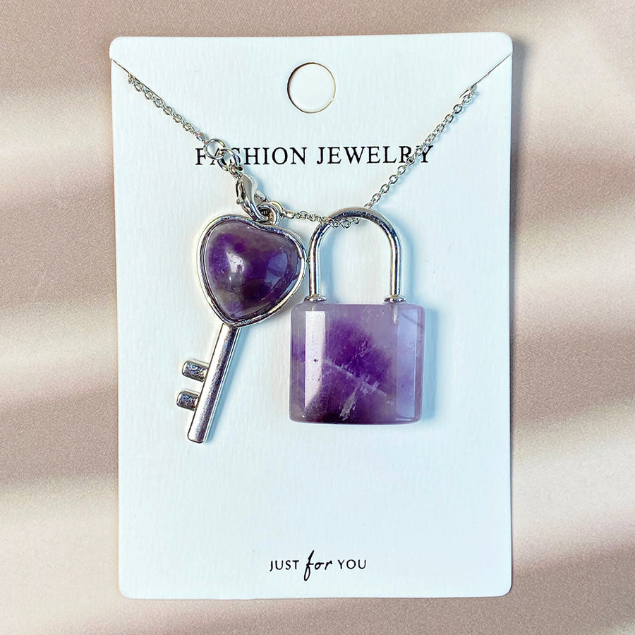 Crystal Couple Necklace Heart Key Lock Set