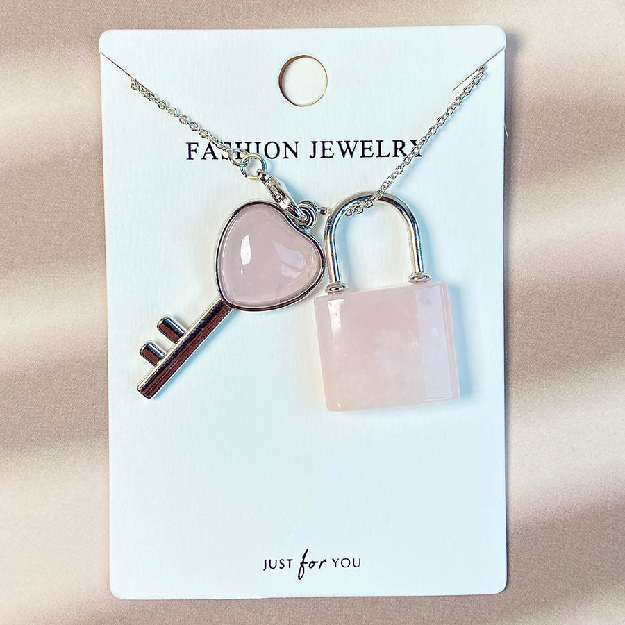 Crystal Couple Necklace Heart Key Lock Set