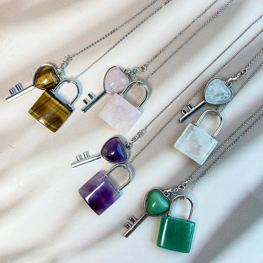 Crystal Couple Necklace Heart Key Lock Set