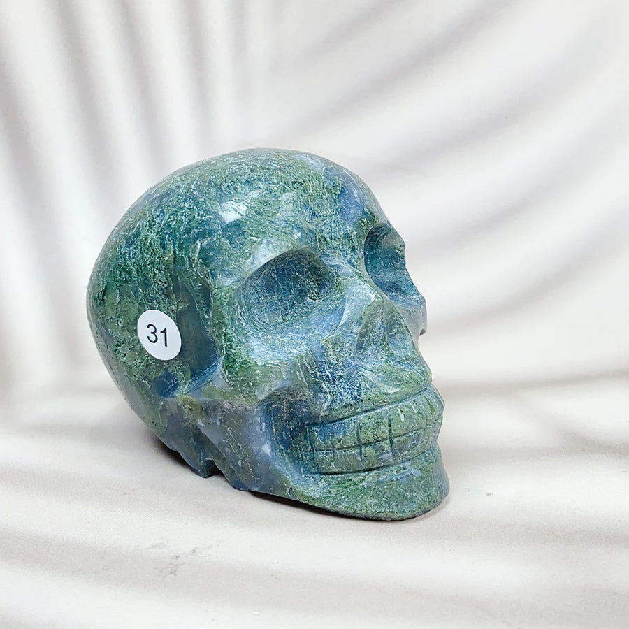 Green Moss Agate Carved Skulls Crystal