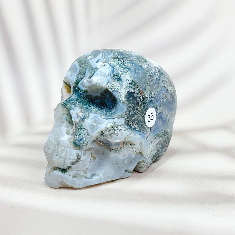 Green Moss Agate Carved Skulls Crystal