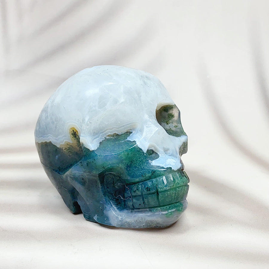 Green Moss Agate Carved Skulls Crystal