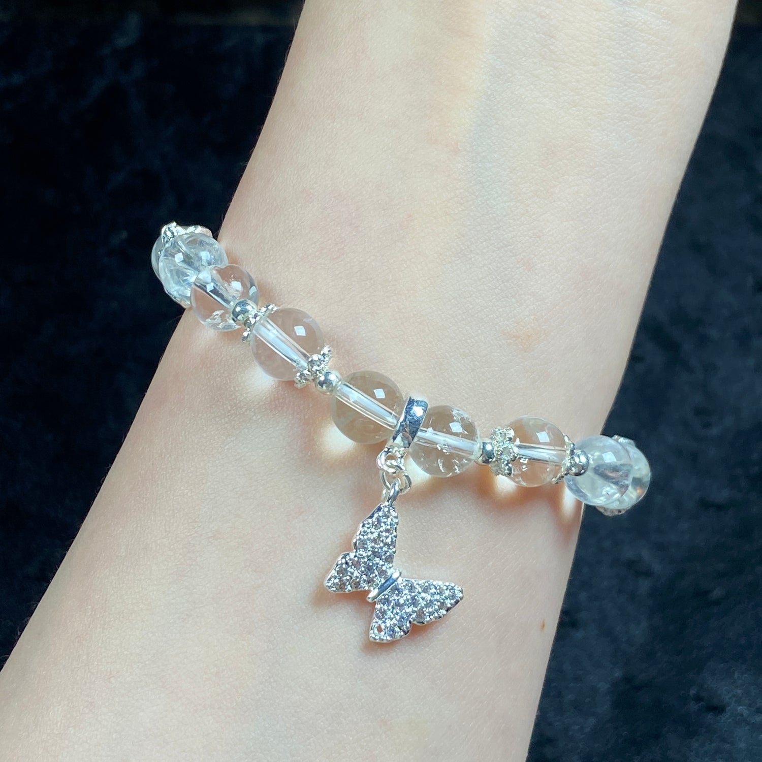 8mm White Clear Quartz Gemstone Round Beads Butterfly Pendant Bracelet Healing Energy Jewelry