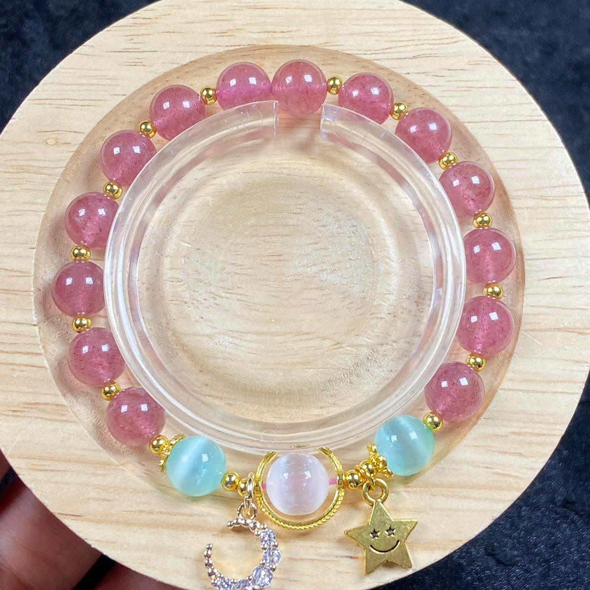 Strawberry Quartz Bracelets 8mm Selenite Bead Moon Star Accessory Bangle Crystal Jewelry