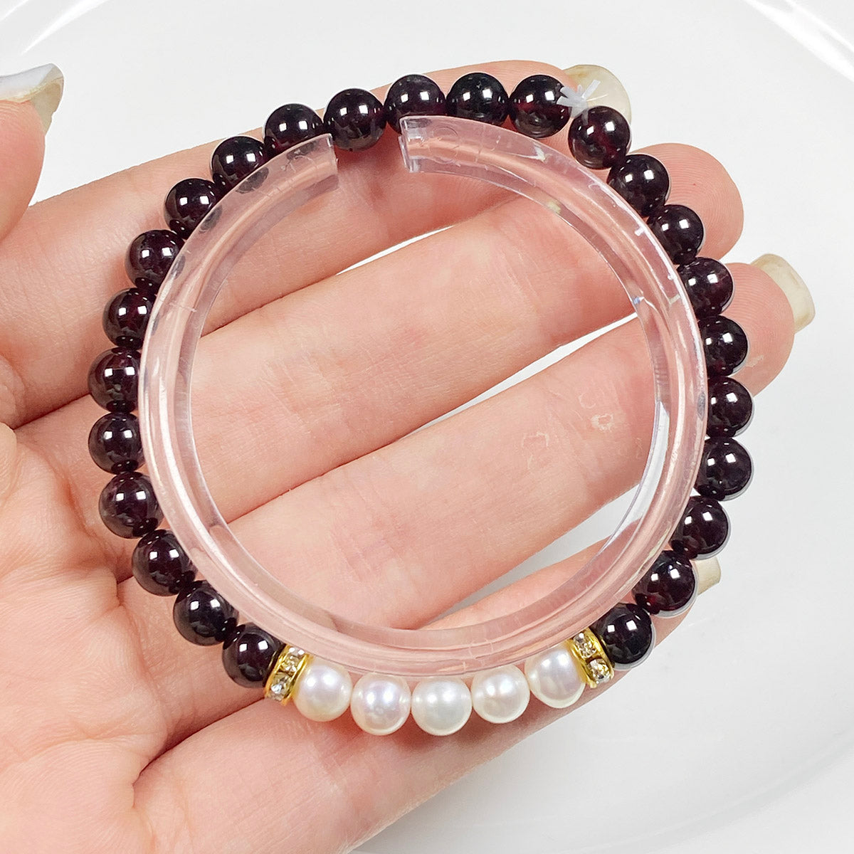 6mm Dark Red Garnet White Pearl Crystal Bracelet