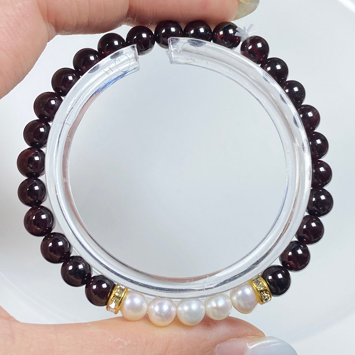 6mm Dark Red Garnet White Pearl Crystal Bracelet