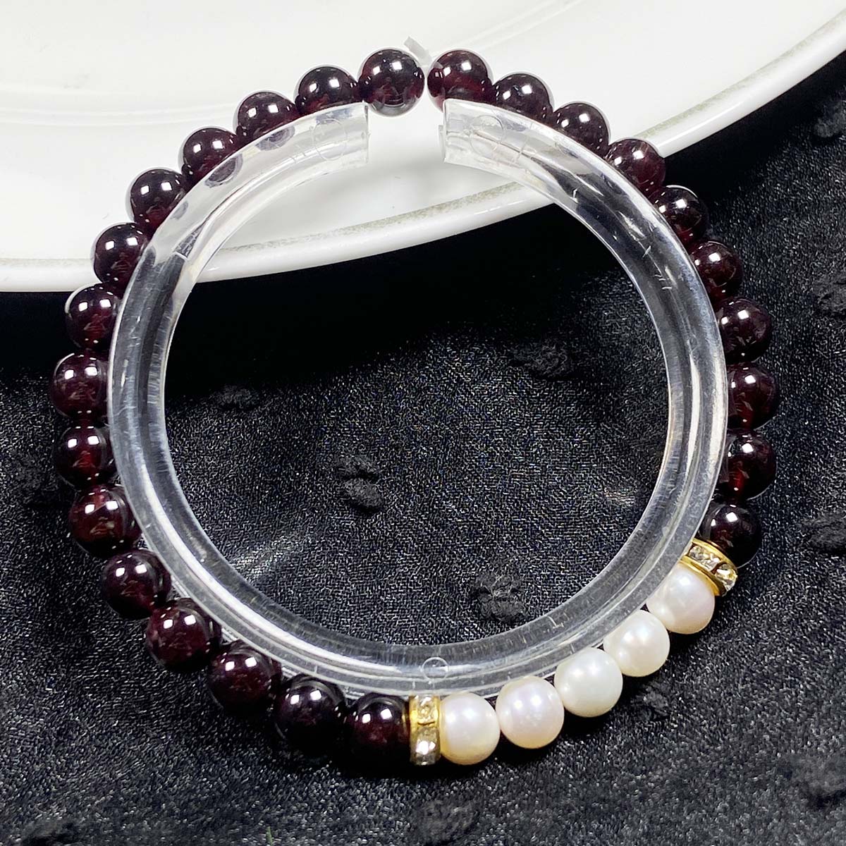 6mm Dark Red Garnet White Pearl Crystal Bracelet