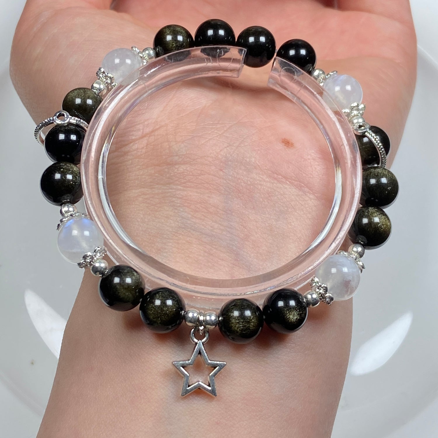 Golden Obsidian With Moonstone Bead Crystal Bracelet