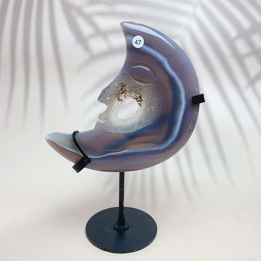 Natural Crystal Druzy Agate Moon Face Statue