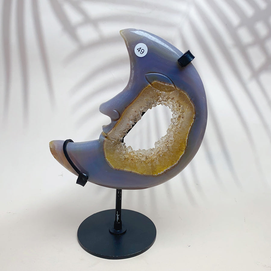Natural Crystal Druzy Agate Moon Face Statue