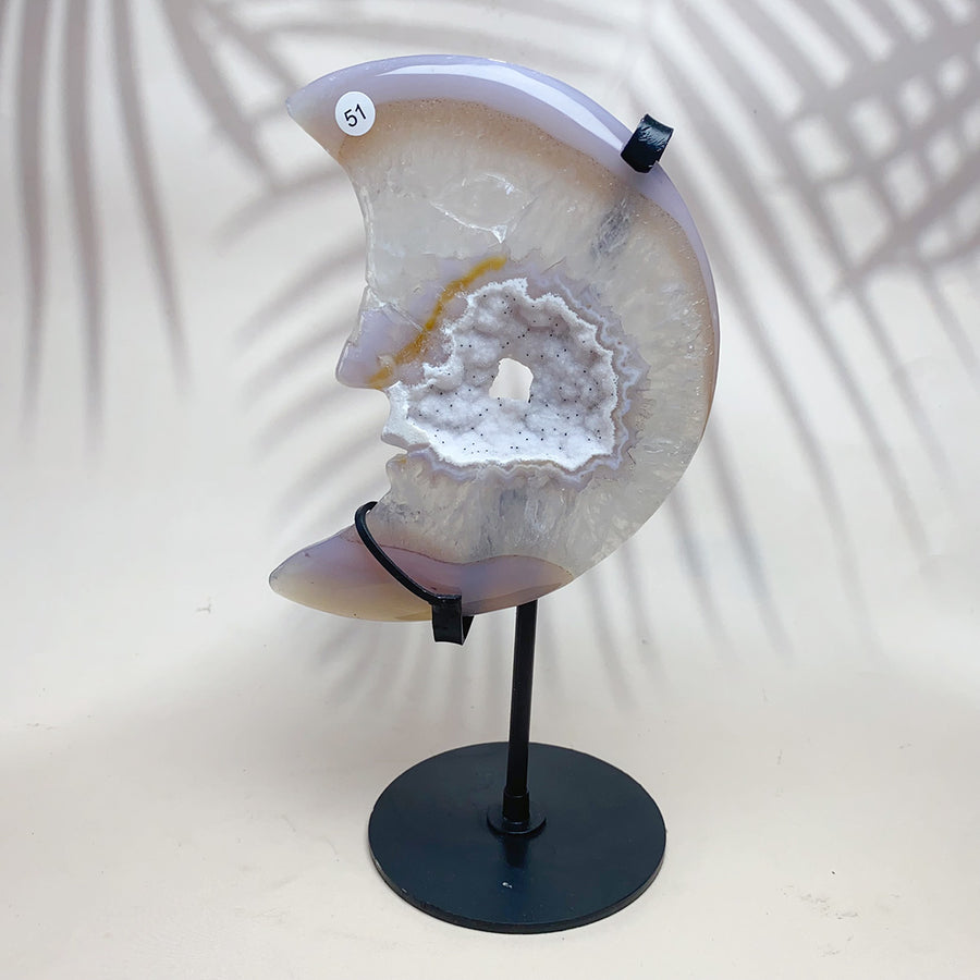 Natural Crystal Druzy Agate Moon Face Statue
