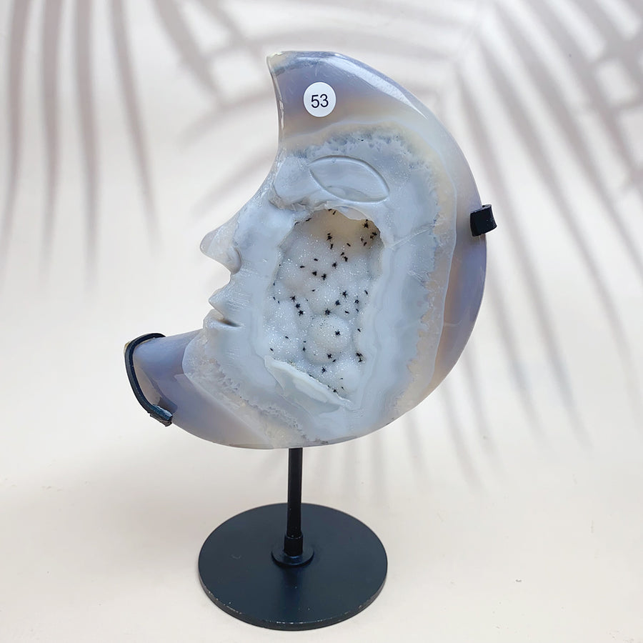 Natural Crystal Druzy Agate Moon Face Statue
