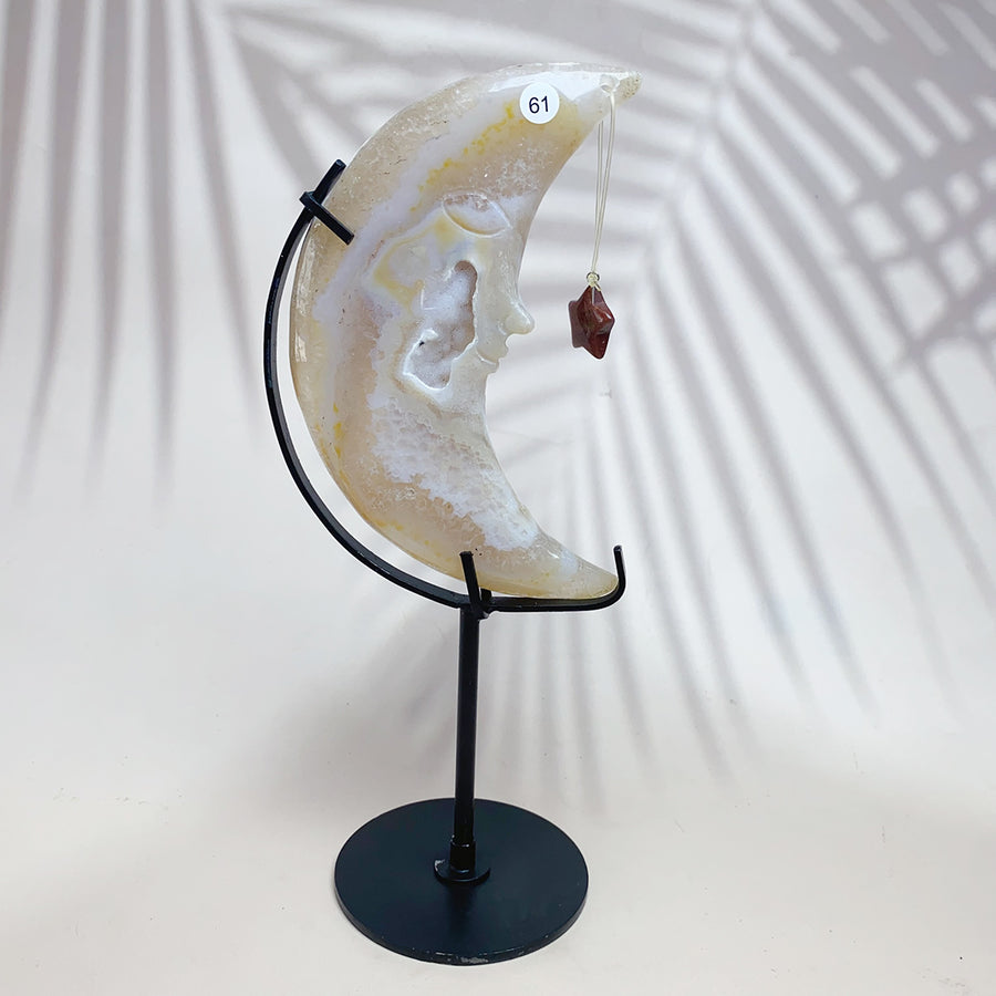 Natural Druzy Agate Crystal Carved Moon Face With Star Accessories