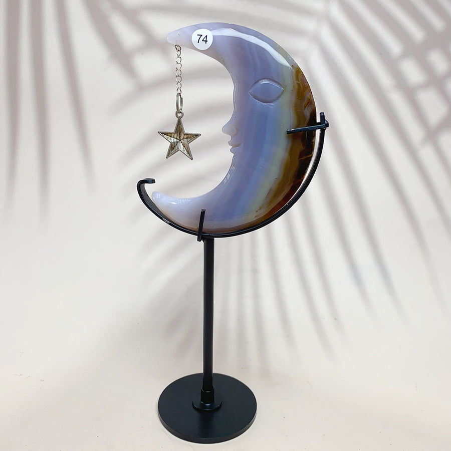 Natural Druzy Agate Crystal Moon Face With Star Pendant