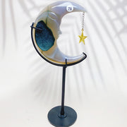 Natural Druzy Agate Crystal Moon Face With Star Pendant