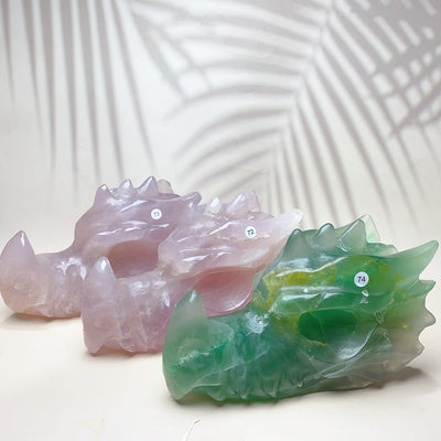 Rose Quartz with green fluorite Crystal Carved  Dragon Head