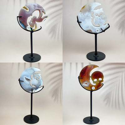 Crystal Druzy Agate Moon Face With  Owl Skull Fairy