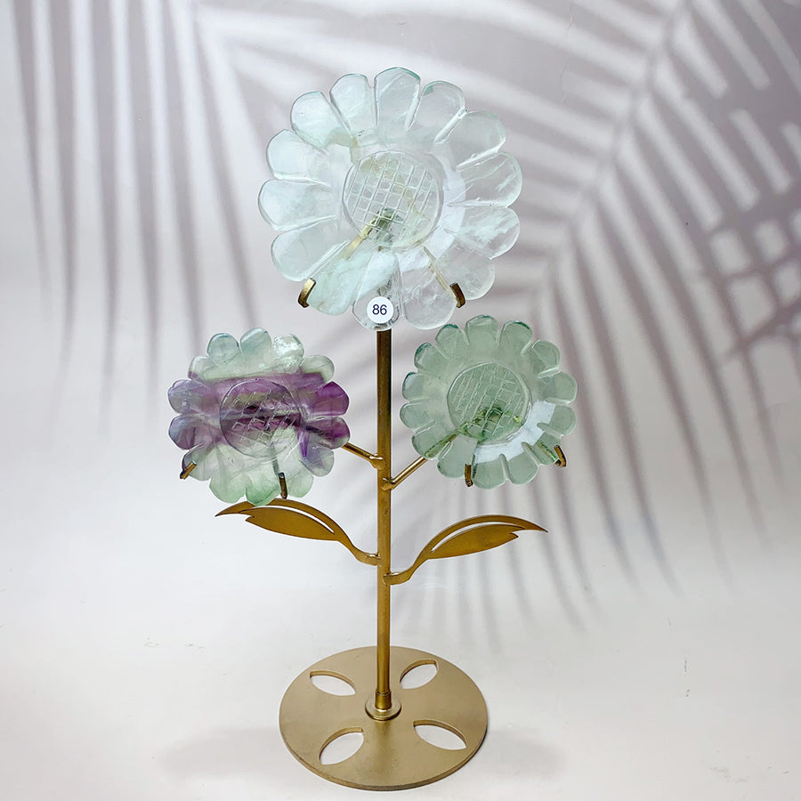 Fluorite & Golden Healer & Rhodonite & Pink Agate Crystal Carved Sunflower Flower