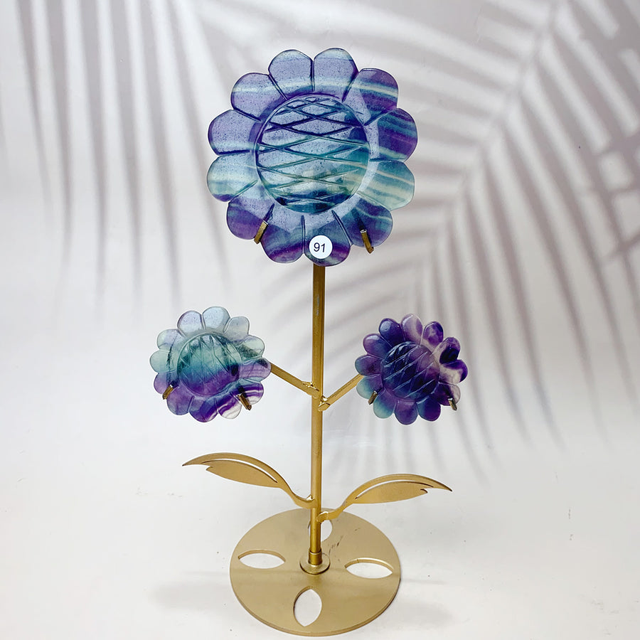 Fluorite & Golden Healer & Rhodonite & Pink Agate Crystal Carved Sunflower Flower