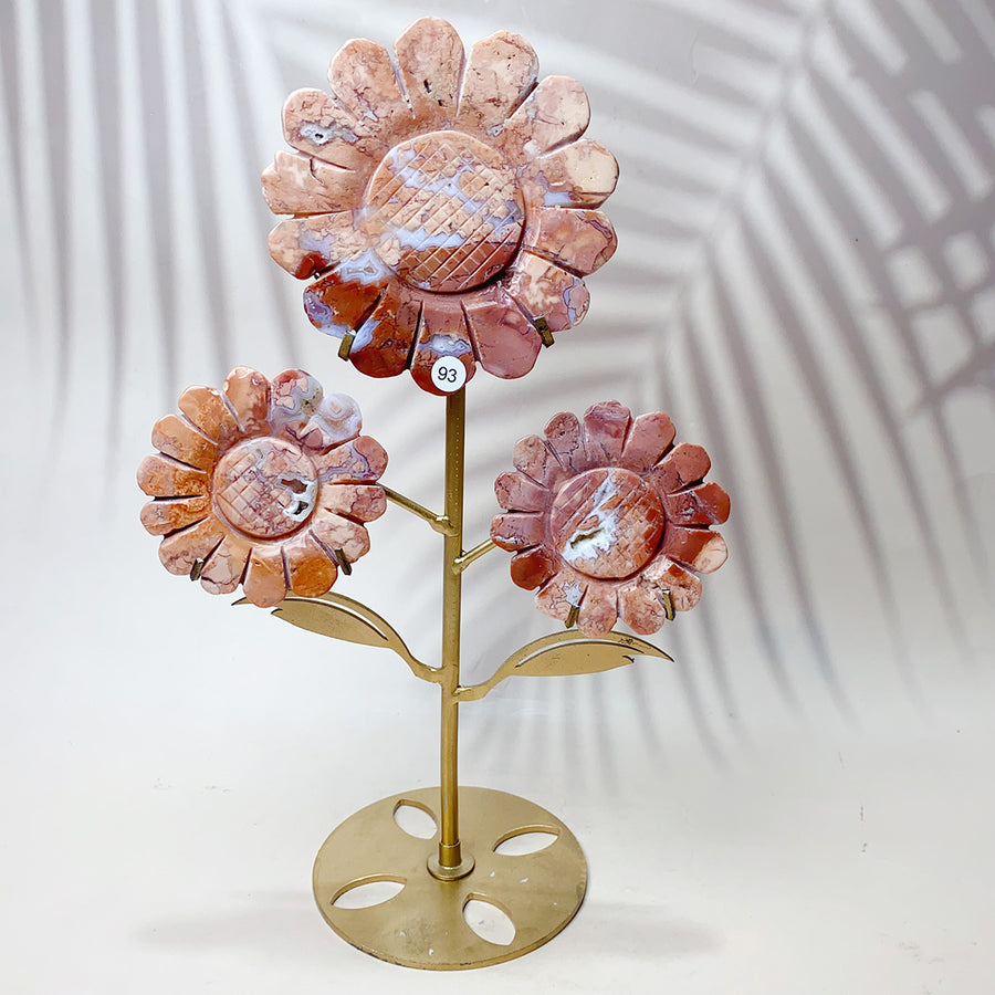 Fluorite & Golden Healer & Rhodonite & Pink Agate Crystal Carved Sunflower Flower