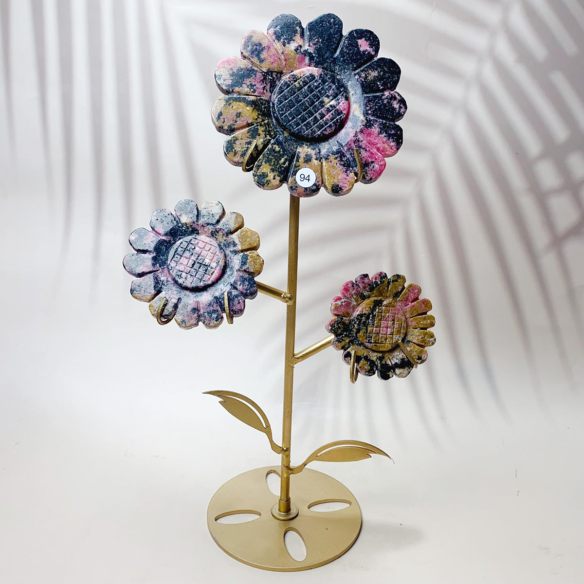 Fluorite & Golden Healer & Rhodonite & Pink Agate Crystal Carved Sunflower Flower