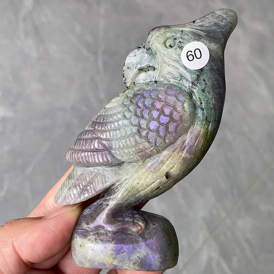 Natural Purple Light Pull Feldspar Crystal Carved Animal Owl And  Bird