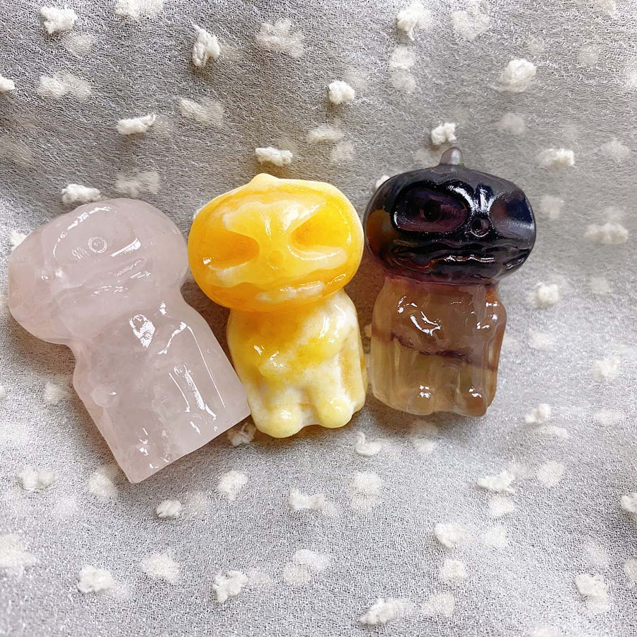 Rose Quartz & Fluorite & Orange Calcite Crystal Carved Pumpkin Skulls For Halloween
