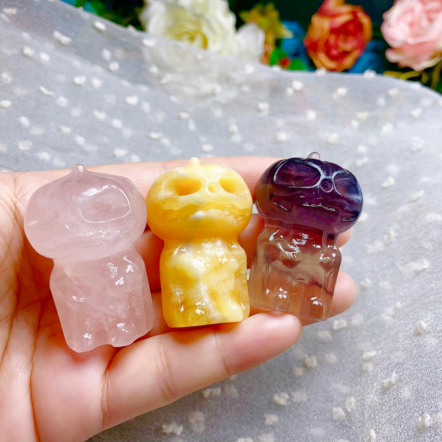 Rose Quartz & Fluorite & Orange Calcite Crystal Carved Pumpkin Skulls For Halloween