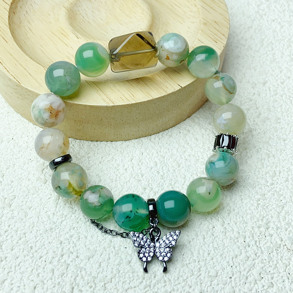 10mm Green Flower Agate Beads With Butterfly Pendant Bracelet Reiki Healing Bangle Jewelry Gift
