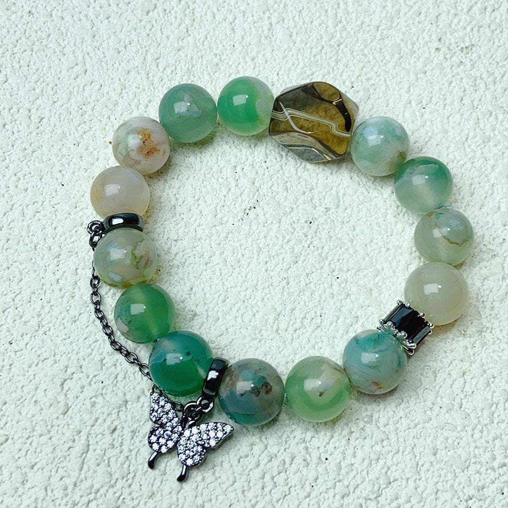 10mm Green Flower Agate Beads With Butterfly Pendant Bracelet Reiki Healing Bangle Jewelry Gift