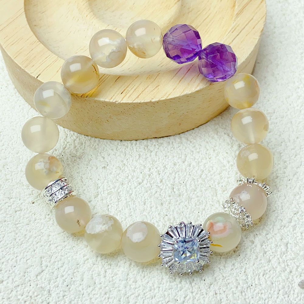 10mm Flower agate Energy Beads Bracelets With Amethyst Beads For Women Energy Healing Jewelry